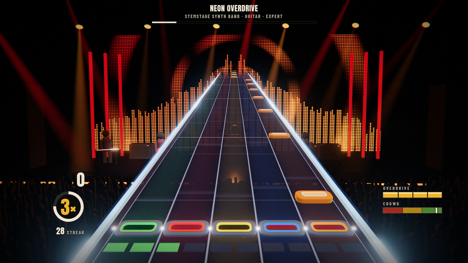 STEMSTAGE gameplay showing a note highway on a concert stage